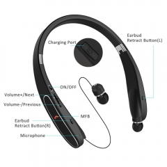 Foldable Sports Stereo In-ear Retractable Earbuds Wireless Neckband Bluetooth Headphones for iPhone and Android